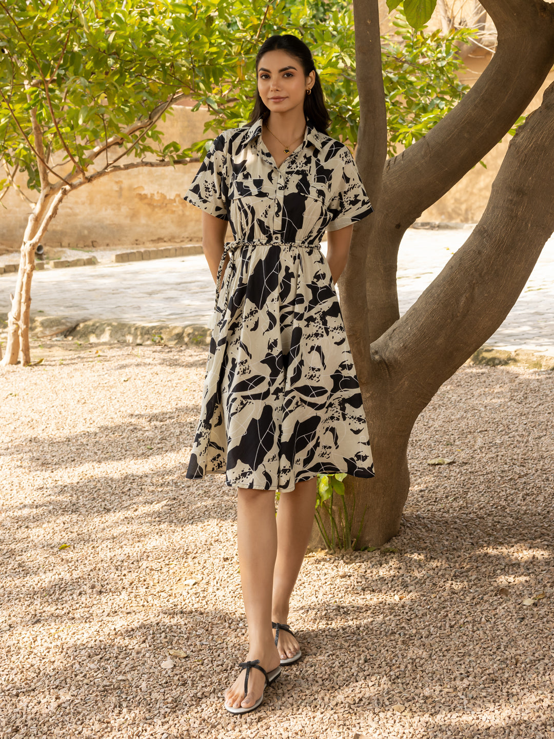 FIORRA Women's Black Abstract Print Cotton Midi Dress